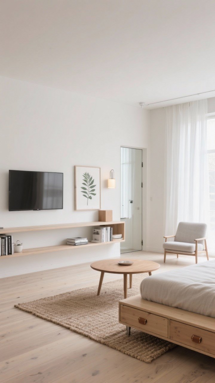 Wide shot — A soft Scandinavian minimalist studio with light woods, creamy whites, and soft gray textiles; straight-on view of a wall-to-wall floating media shelf serving as TV ledge, book perch, and entry drop zone, a low-profile oatmeal linen sofa, round ash wood coffee table, leggy accent chair, slim wardrobe with integrated mirrors, sheer white curtains filtering daylight, woven rug, a single oversized botanical print; under-bed drawers with leather pulls subtly visible; bedside is a wall-mounted cube with a dimmable sconce above; everything on legs or floating to keep floor clear; calm, airy, photorealistic lighting.