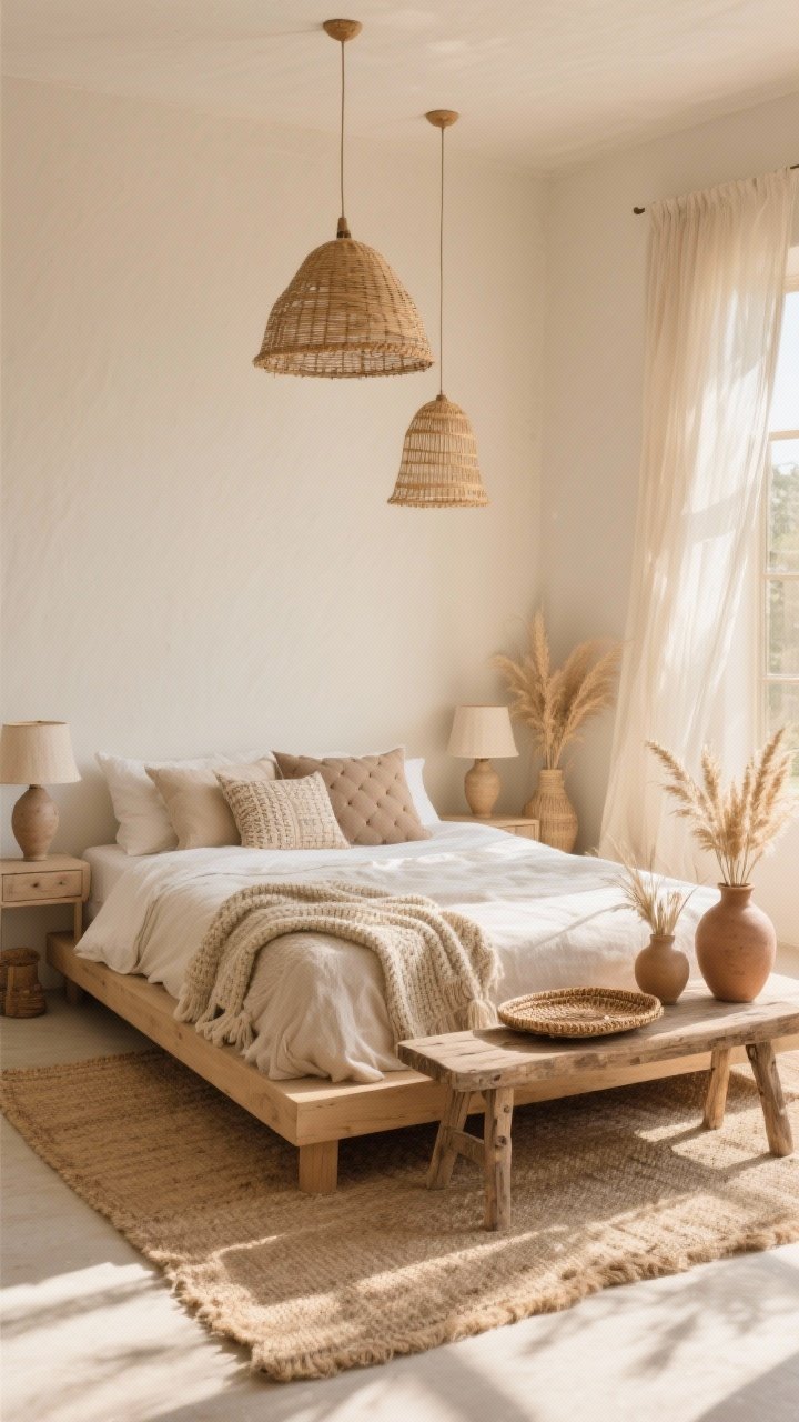 Wide shot: A sun-drenched bohemian bedroom with creamy walls, a natural jute rug, and a low-profile light oak platform bed. Soft sand, ivory, oat, and warm taupe palette. Stonewashed linen duvet, chunky knit throw, tufted pillows in subtle patterns. Rattan pendant lights overhead, ceramic bedside lamps with linen shades on minimal nightstands. An antique wooden bench at the foot of the bed. Clay vases with dried grasses and woven trays styled on the bench. Gauzy curtains moving slightly in a warm breeze, photorealistic, no people.