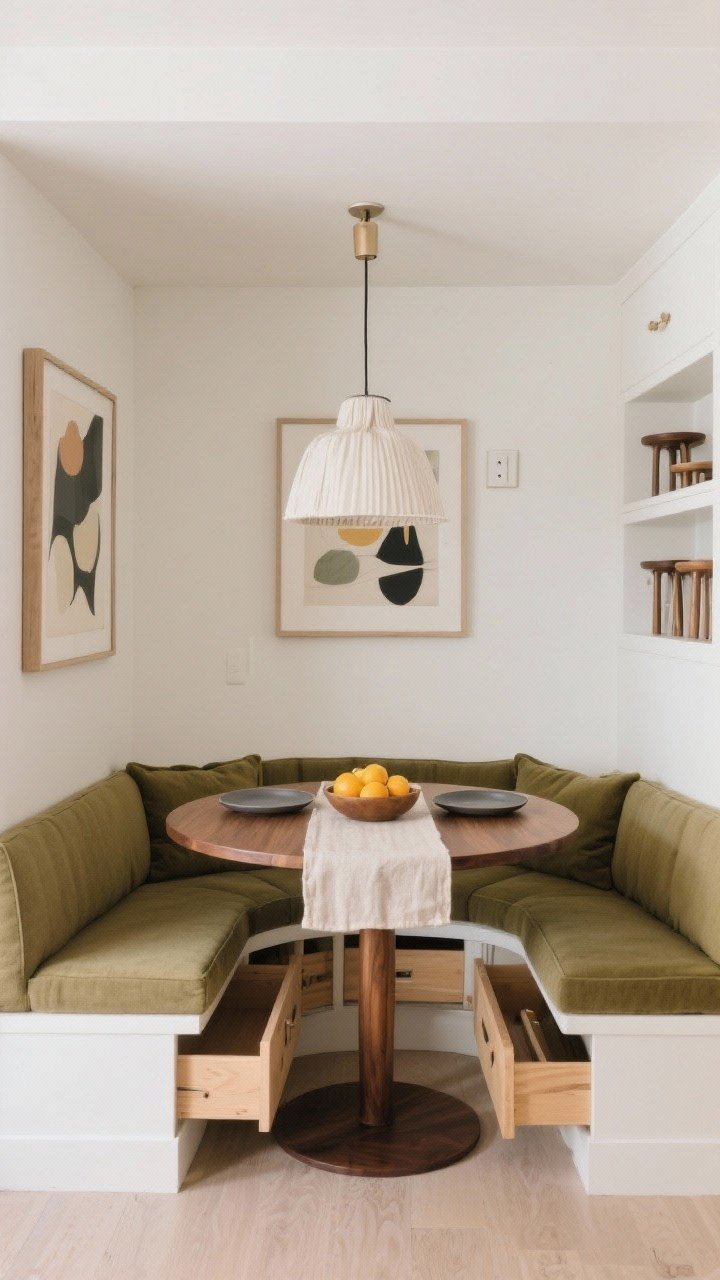 Wide shot — Artful alcove dining nook as space-savvy showpiece; straight-on view of a built-in banquette with olive cushions and deep drawers open to reveal storage, opposite wall niche housing stacking stools slid neatly away; round walnut-topped bistro table centered for easy circulation; bone white walls with a single large abstract artwork; plug-in pendant swagged over the table; styled simply with a linen runner, two matte plates on display, and a low bowl of citrus; warm, cozy, photorealistic.