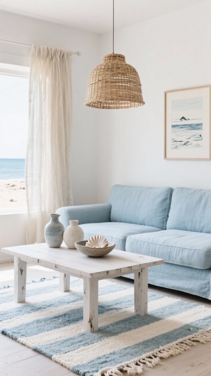 Wide shot, beachy Nordic coastal mood with soft daylight: a stonewashed light-blue sofa, a whitewashed wood coffee table, and a handwoven striped rug in soft blue and ivory. Style with ceramic jugs, a shell-inspired bowl on the table, and a framed coastal sketch on the wall. Sheer oatmeal drapes filter light; a rattan pendant overhead adds relaxed warmth. Palette: light blue, white, rattan, driftwood tones.