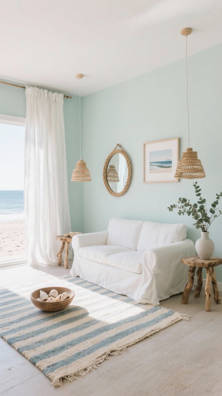 Wide shot, breezy daylight: A coastal fresh one-room haven with pale seafoam walls, a white slipcovered loveseat, a striped kilim rug in sky and sand, and gauzy white linen curtains hung high and wide to stretch the space. Add a rope mirror, driftwood-toned side tables, and a pair of basket pendant lights for warmth. Style with a simple bowl of seashells, a framed coastal print, and a eucalyptus vase; airy beachfront energy.