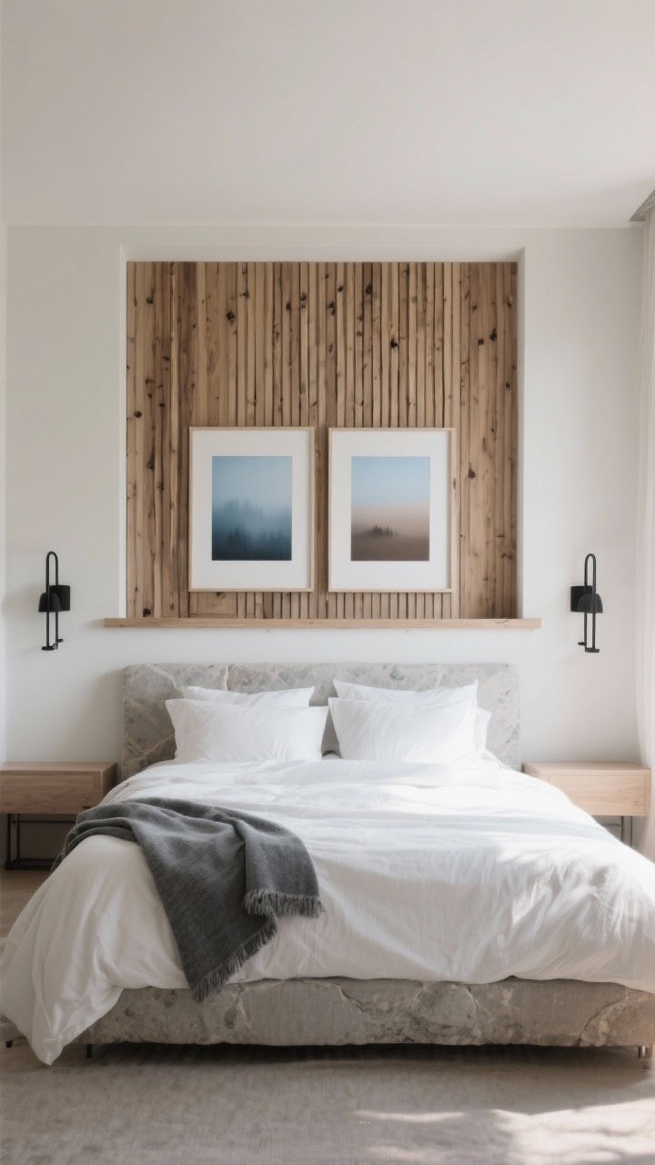 Wide shot, calming bedroom: partial slatted oak panel behind the headboard covering two-thirds of wall width, with a low picture ledge in front holding two large unframed prints in foggy blue and taupe. Bed layered in off-white and stone linens with a single slate throw; black metal sconces flanking the slats. Soft morning light, spa-like serenity, photorealistic.