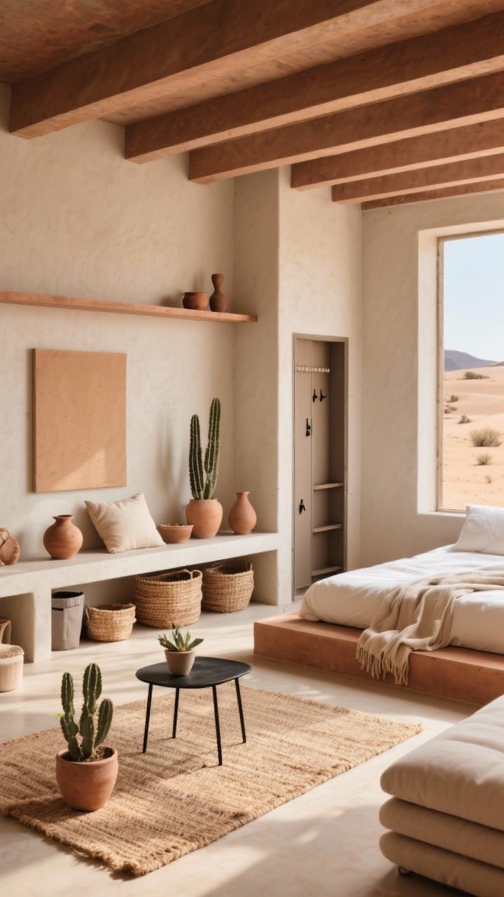 Wide shot — Desert minimal living-sleeping loft with zoning layers; corner angle showcasing a low shelf divider separating lounge from sleeping area without blocking light; bed defined by a platform rug stack—jute layer under cotton top—creating a subtle zone; palette of clay, sand, terracotta, bone, and black iron; slim sofa with bolster pillows, iron side table, lightweight planters with sculptural cacti; storage elements like under-sofa bins, lidded baskets, and a narrow armoire with interior hooks; elemental decor including hand-thrown pottery, one warm-neutral canvas, and a linen throw; warm, sun-baked photorealism.