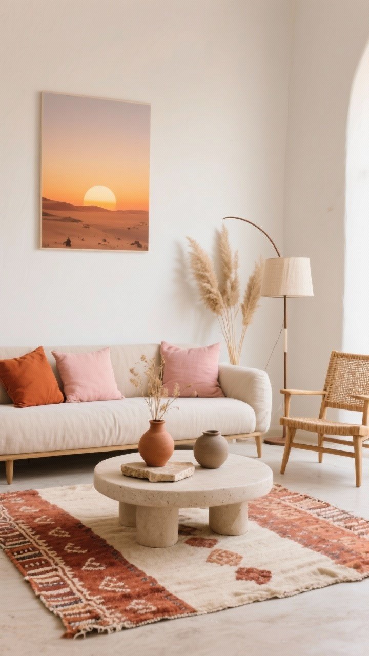 Wide shot, Desert Sunrise Minimal-Boho living room: low-profile sand-colored linen sofa with terracotta and blush pillows; flatweave kilim rug in rust and cream; rounded plaster coffee table; rattan accent chair; creamy white walls with a single oversized sunrise gradient art print; dried pampas, clay vases, travertine coasters, matte pottery on the table; slim arc floor lamp with a linen shade casting a soft afternoon glow; color palette of sand, terracotta, blush, cream, muted cocoa; airy, sun-kissed, minimal Boho vibe; no people, photorealistic.