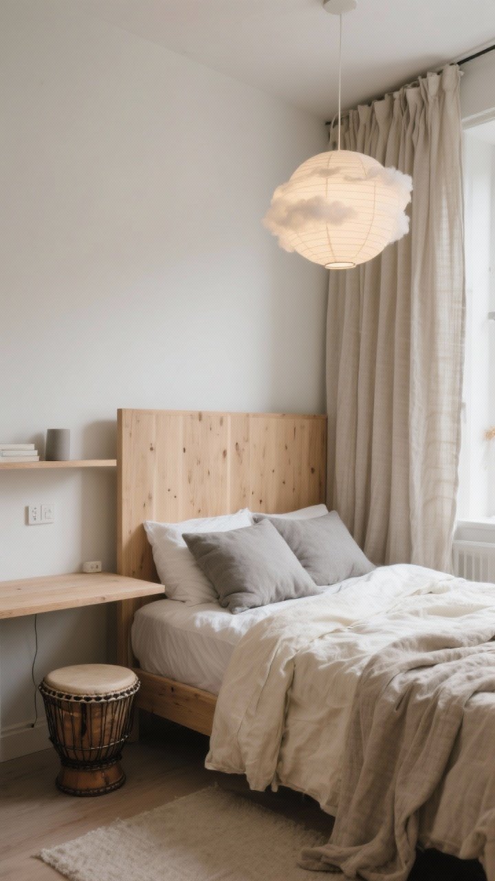 Wide shot from a low corner perspective, “Cozy Linen Loft”: light oak bed with a tall headboard for presence, layered linens—natural flax duvet, cream sheets, pebble-gray pillows; floor-to-ceiling linen curtains that visually heighten the small room; a floating desk-shelf used as a nightstand with a small drum stool tucked underneath; a paper lantern globe overhead for soft, cloud-like illumination; airy yet snug, photorealistic.