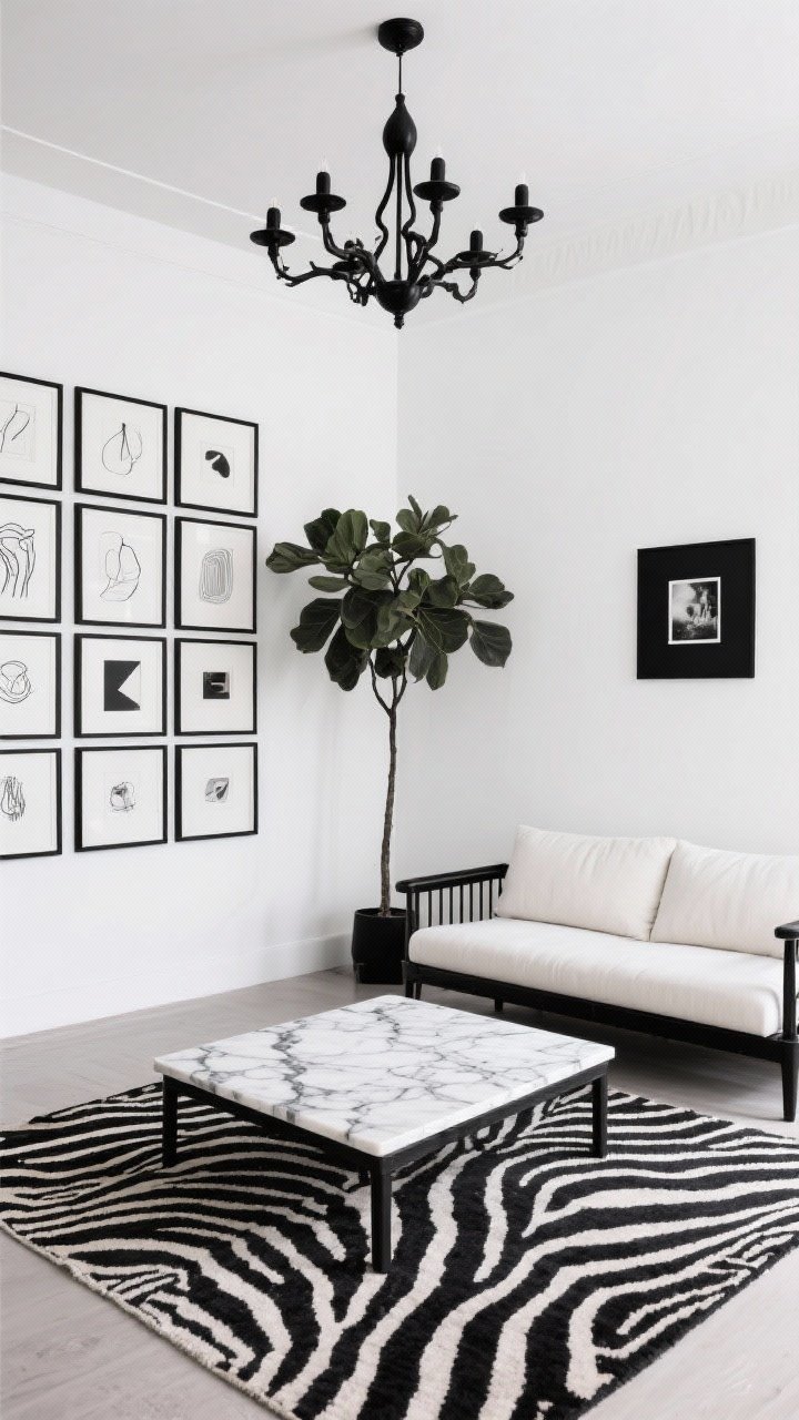 Wide shot, high-contrast: A monochrome gallery living area with crisp white walls, a black metal-framed sofa with ivory cushions, a square marble coffee table with black veining, and a zebra-style flatweave rug. One wall features a tight gallery grid of black frames with white mats—abstract prints, line drawings, and a single black-and-white photo. Overhead, a matte black branching chandelier; a single fig tree adds sculptural greenery without breaking the palette.