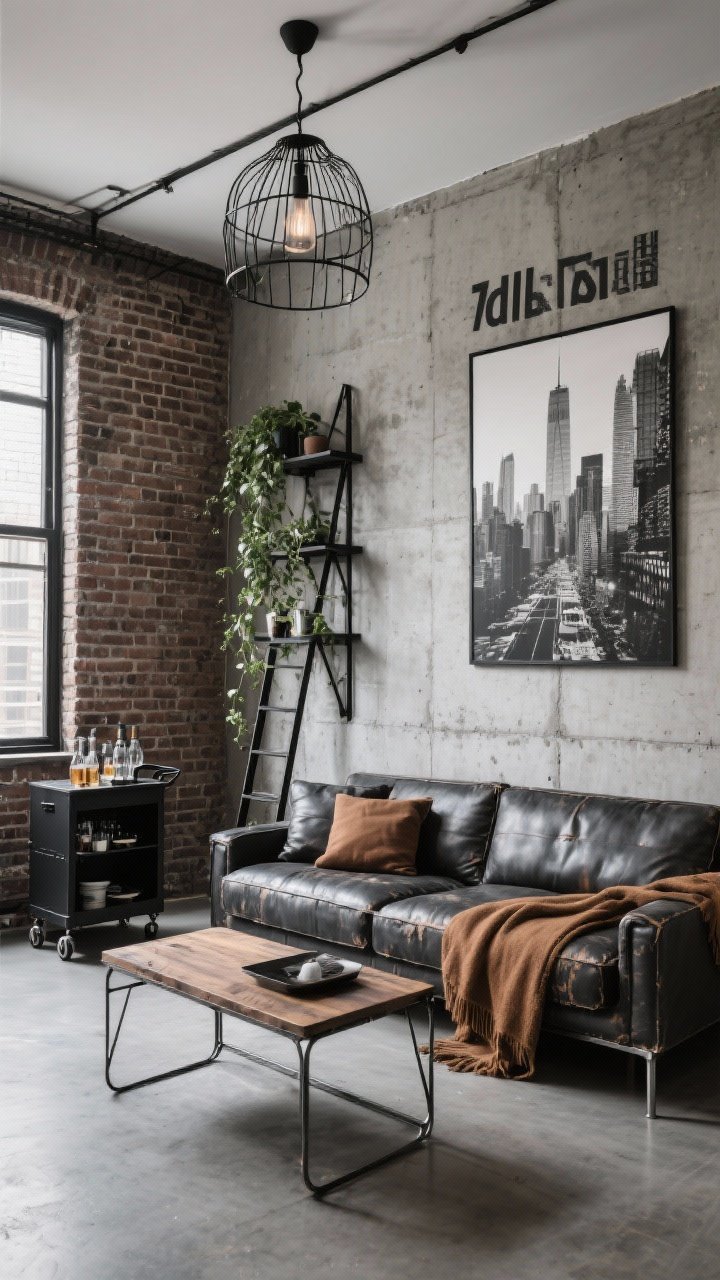 Wide shot, industrial edge: An industrial chic box with a brick wallpaper accent or concrete-effect wall, a charcoal sectional with metal legs, distressed leather cushions and a caramel throw. Include a steel-and-wood coffee table, a wire cage pendant overhead, a black ladder shelf with trailing ivy, bold graphic typography or monochrome city photography on the wall, and a matte black rolling bar cart styled for entertaining; rugged, luxe minimalism.