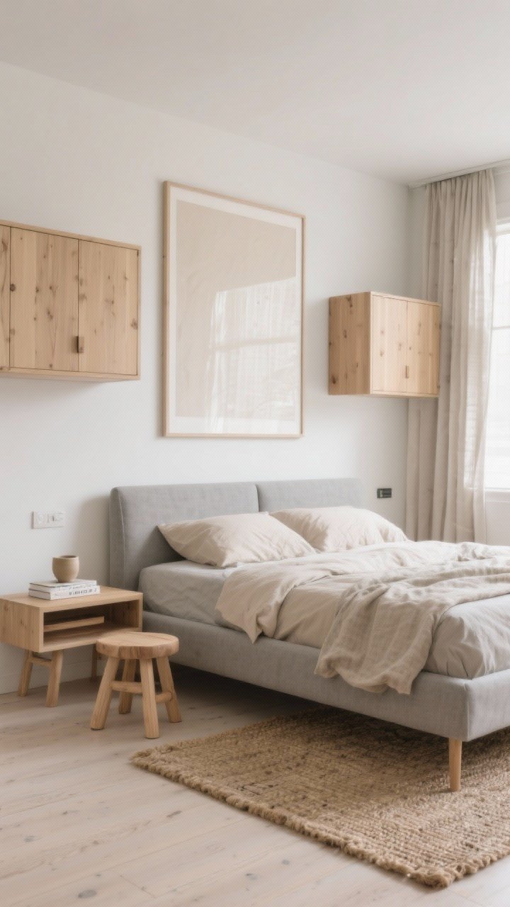 Wide shot, Japandi calm studio bedroom: a low-profile SLATTUM bed in light gray with oatmeal and stone bedding, a LOHALS jute rug underfoot, linen-look AINA curtains filtering soft daylight, a BEKVÄM birch step stool used as a nightstand with a small ceramic cup and book, an oversized BJÖRKSTA canvas as a quiet focal point, and a pair of wall-mounted BESTÅ cabinets in light oak floating higher than usual for airy floor space; palette of oatmeal, stone, and warm wood, natural textures, no clutter, soft edges, photorealistic.