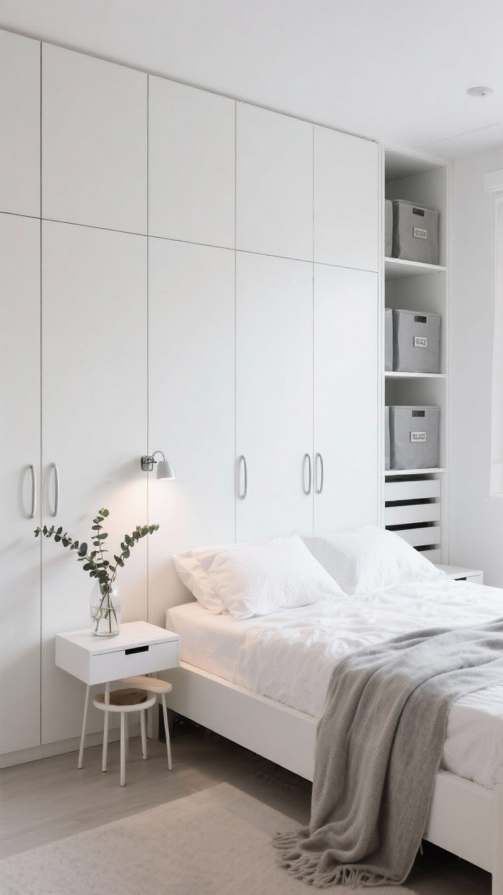 Wide shot, minimalist closet bedroom with boutique vibes: a full wall of PAX wardrobes with GRIMO doors and integrated SKUBB organizers visible in an open section, MALM white low platform bed with crisp white bedding, NORRÅKER stools as slim nightstands, dimmable NÄVLINGE clip lights attached near the headboard, a soft VITMOSSA throw in dove gray; white-on-white scheme with subtle chrome and eucalyptus accents in a vase; calm, spa-like lighting, photorealistic.