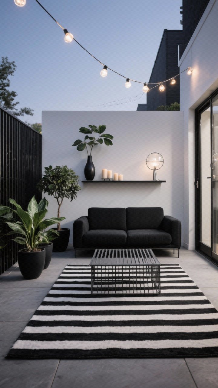 Wide shot, Modern Monochrome Lounge at twilight: black-and-white striped rug elongating the narrow patio; boxy black loveseat in performance fabric; rectangular slatted metal coffee table; matte black planters with structural plants—ZZ plant, rubber tree, compact ficus; minimalist wall-mounted shelf holding candles and a sculptural vase; globe string lights overhead adding crisp highlights; palette black, white, charcoal with subtle chrome; materials powder-coated metal, smooth ceramics, performance textiles; clean lines and repeating stripes/slats; straight-on, graphic composition.