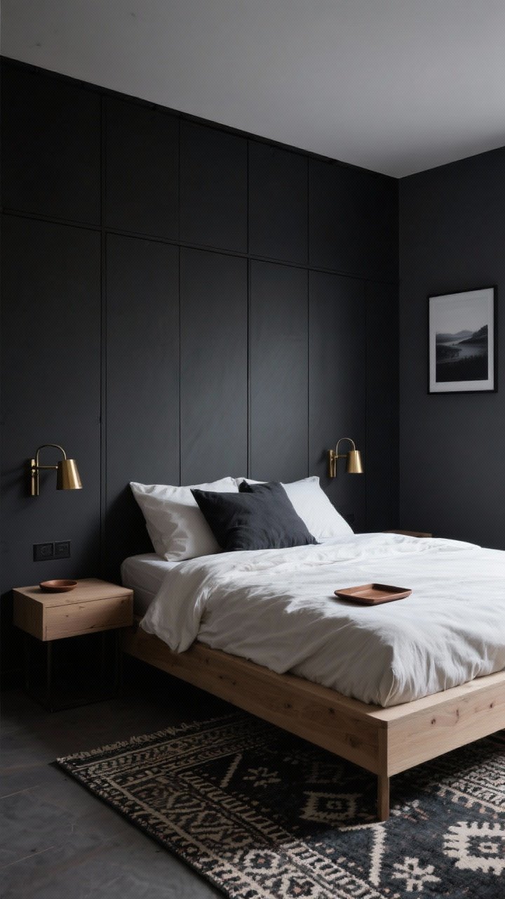 Wide shot, moody “Nordic Noir” bedroom: deep charcoal-gray painted walls, low pale oak bed, floor-to-ceiling black wardrobe with flat fronts blending into the wall, off-white bone linen duvet with charcoal pillows, patterned kilim rug adding movement, warm brass wall sconces flanking the bed, a walnut tray on the nightstand, and one moody landscape in a thin black frame; dim, cozy lighting with soft highlights, photorealistic.