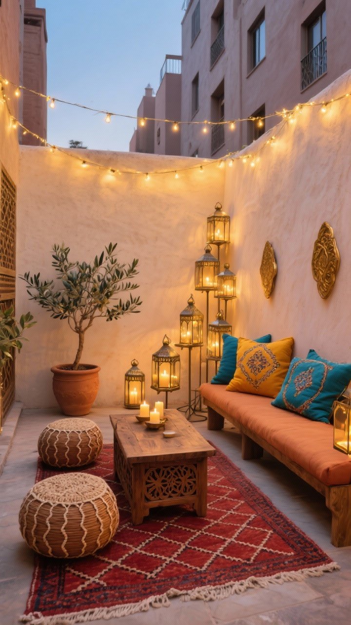 Wide shot, Moroccan Courtyard Escape on a tiny apartment patio at dusk: rust-red geometric outdoor rug anchors the scene; low carved wood coffee table centered; two woven poufs beside it; a narrow bench with a saffron cushion piled with embroidered pillows in indigo and teal; clay planter with a small olive tree; clusters of metal lanterns with flickering LED candles in staggered heights against a stucco wall; warm brass accents; string lights swagged overhead casting a golden glow; materials include carved wood, woven fibers, glazed clay, and metal; color palette saffron, indigo, terracotta, brass; photorealistic, straight-on perspective.