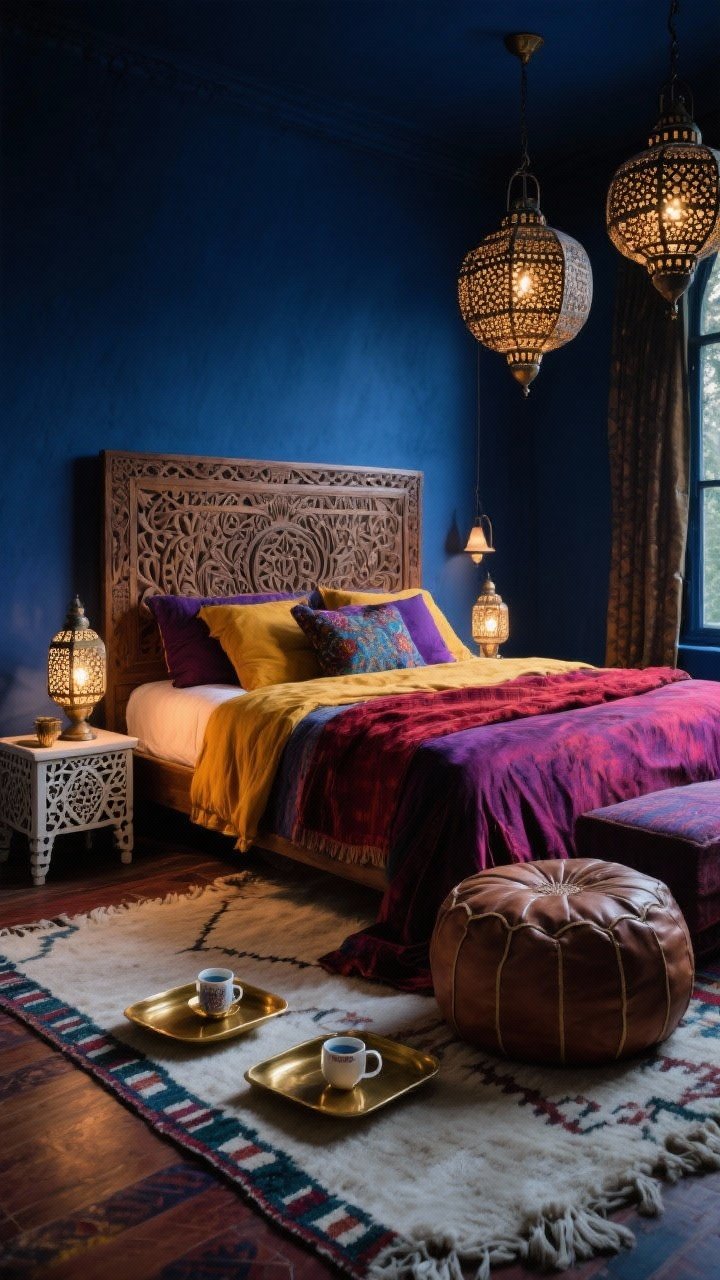 Wide shot: Moroccan oasis bedroom with deep indigo walls and a hand-carved wooden headboard. A plush Beni Ourain rug spans the floor. Lantern-style bedside lamps and pierced metal pendants emit patterned, warm light. The bed layered with jewel-toned linens in saffron, plum, and ruby. Inlaid bone side tables, brass trays styled with tea glasses, and an oversized leather floor pouf. Nighttime glow, moody and romantic, photorealistic.