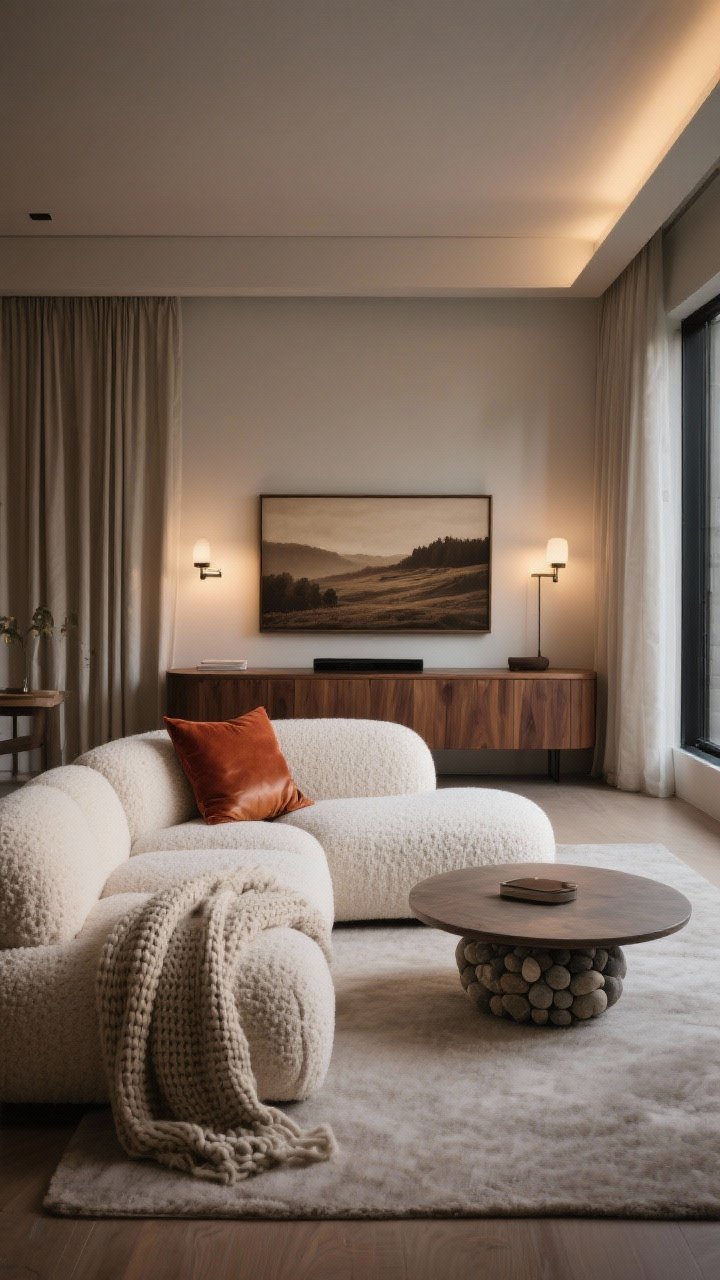 Wide shot of a cloud sofa media lounge: low overstuffed modular sofa in textured ivory bouclé forming a cozy lounge zone, round pebble ottoman instead of a coffee table; floating handleless walnut media console hiding clutter, framed TV in art mode displaying a sepia landscape; blackout linen curtains pooled lightly, chunky knit throw draped over sofa; one warm accent hue (cognac leather pillow or rust velvet cushion), dimmable sconces flanking the TV; evening ambient lighting, straight-on.