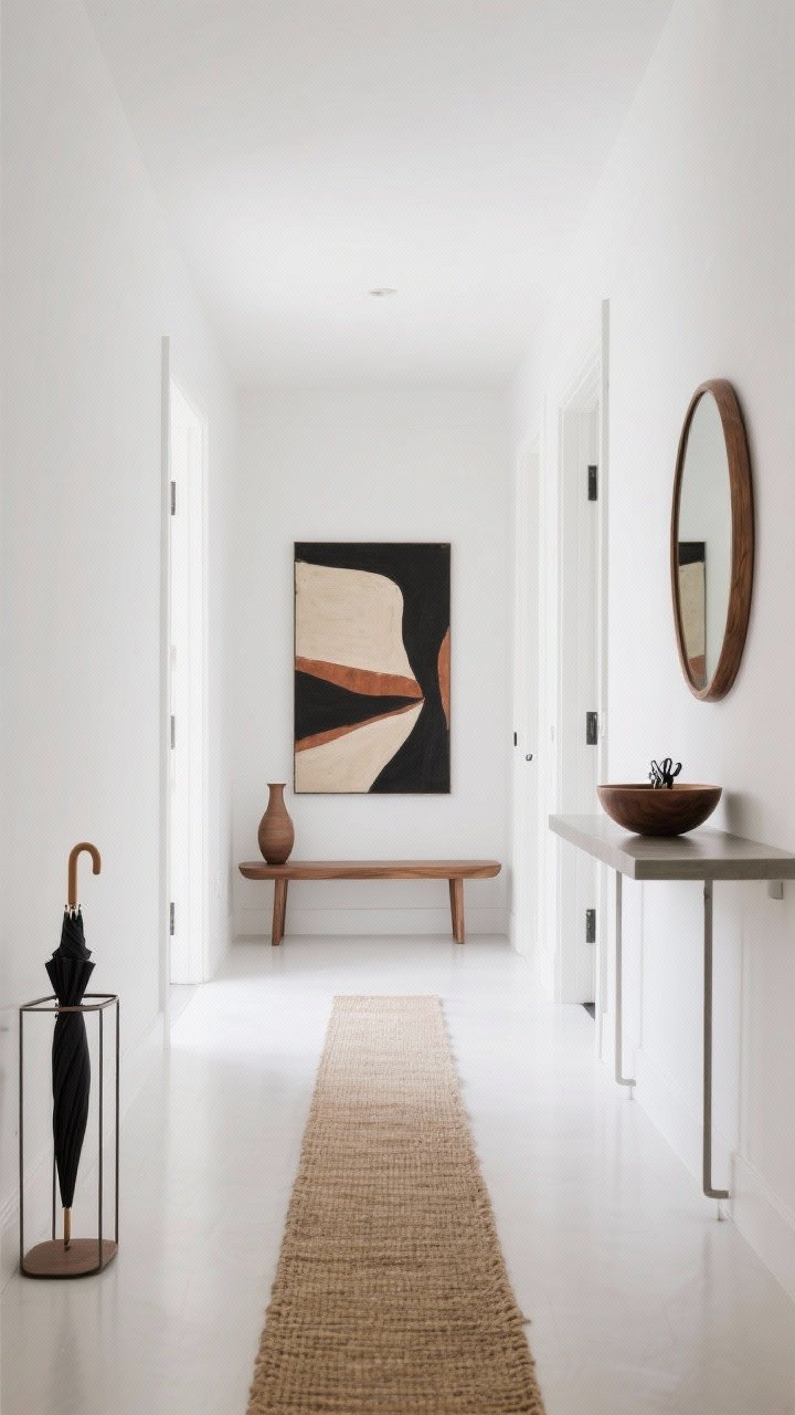 Wide shot of a gallery-white entry with statement bench: clean gallery white walls, one oversized artwork in black/beige/rust tones as the hero; modern backless oak bench with smooth lines, narrow sisal runner elongating the hallway; slim console with large bowl for keys, round wood-framed mirror for balance; floor clear except one tall umbrella stand or sculptural vase; airy, intentional mood, natural daylight, centered composition.