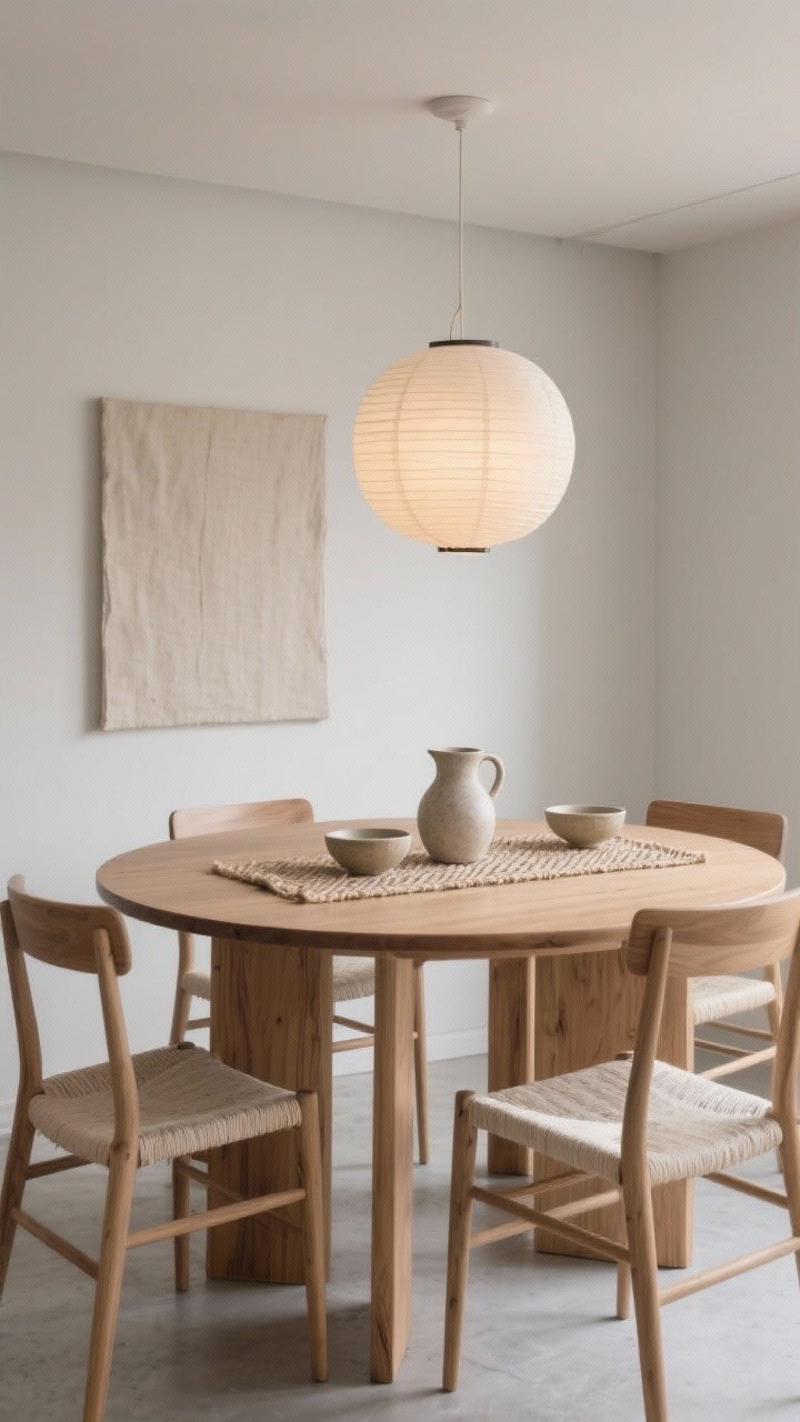Wide shot of a Japandi dining oasis: solid wood oval table with rounded edges, slender oak chairs with paper-cord seats, pale wood and ecru palette with soft gray accents; a single beige linen-textured canvas on the wall, low-hanging paper lantern pendant centered over the table casting warm intimate glow; tabletop styled with a stoneware pitcher and two bowls only, woven runner for subtle texture; calm, grounded mood, corner angle.