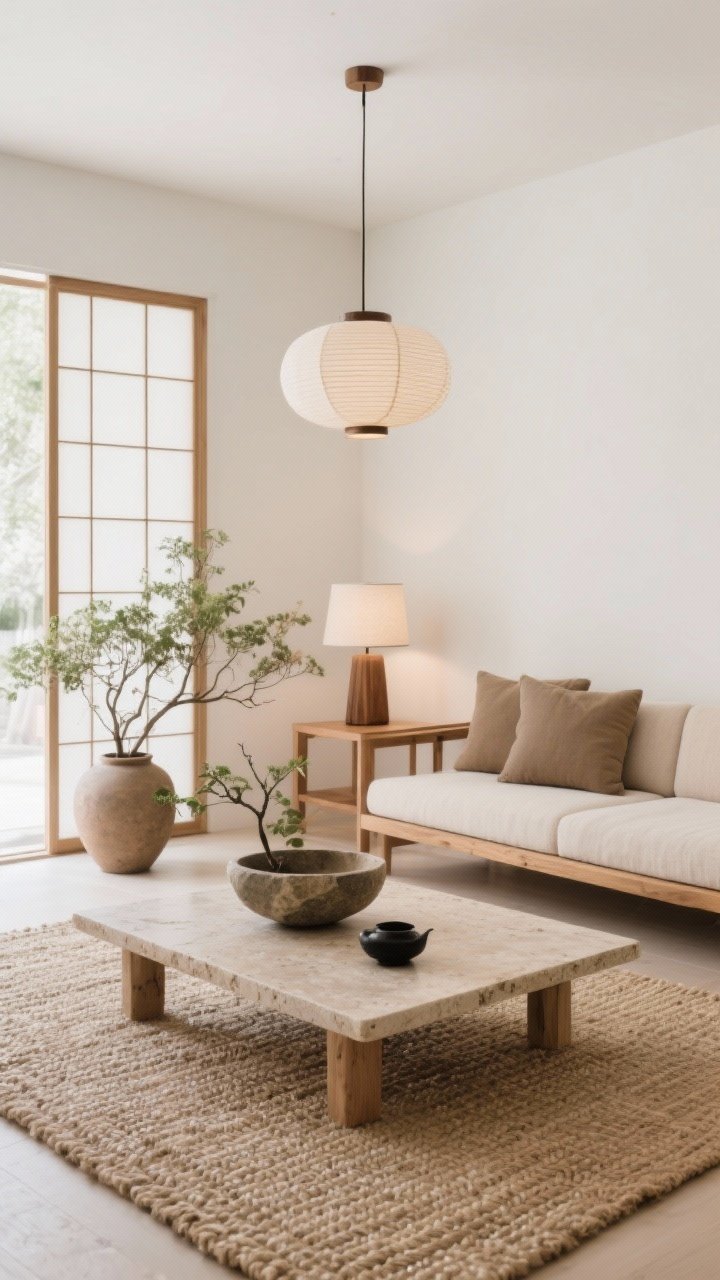 Wide shot of a Japandi living room: warm white walls, low-profile oak sofa with taupe cushions; rectangular travertine coffee table on a handwoven sisal rug; shoji-inspired screen softening a corner; stone bowl centerpiece and branchy greenery in a heavy clay vase; rice-paper pendant overhead and a wood-base table lamp providing gentle layered light; earth-driven palette of mushroom, oat, clay, and black tea; serene, grounded, photorealistic.