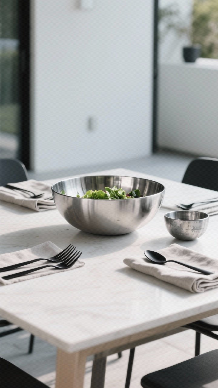 Wide shot of a modern dining setup: large stainless steel salad bowl and smaller recycled aluminum side bowls on a clean table; matte black flatware and folded linen napkins provide contrast; minimal decor, cool-toned daylight highlighting the silky, non-porous metal finish without harsh reflections; subtle water spot–free sheen, family-friendly, indoor-outdoor ready aesthetic, photorealistic.