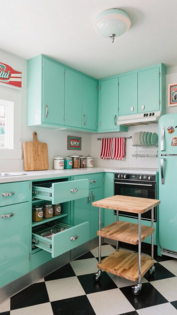 Wide shot of a retro compact diner-style kitchenette: mint green cabinets, classic checkerboard floor, and chrome-edge open shelves stocked with retro canisters; a pull-out cutting board above a drawer stack extended as extra workspace; slim rolling cart with butcher block top tucked between oven and fridge; magnetic spice jars mounted under upper cabinets; fold-down wall rack for dish drying stowed flat; red-striped towels and diner-style art accents; opal glass flush mount light with chrome switch plates; bright, cheerful ambiance, straight-on angle