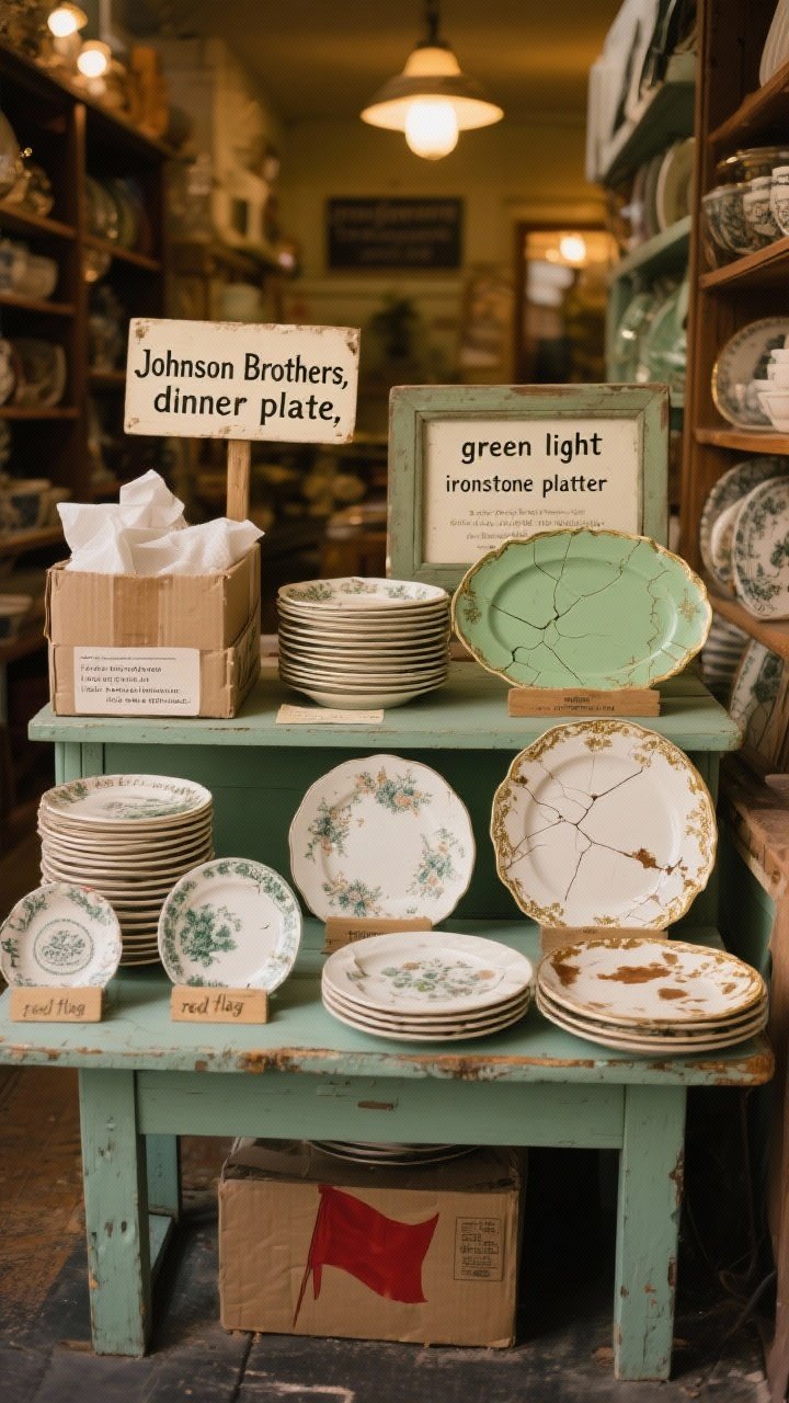 Wide shot of a small antique-shop table display: stacks of single vintage plates and odd beauties with visible backstamps flipped up for viewing; signage cards reading “Johnson Brothers,” “transferware dinner plate,” and “ironstone platter”; packing boxes and tissue nearby; a split composition showing “green light” examples (clean crazing, gentle gilding wear, minor utensil marks) and “red flag” pieces (chips on eating surfaces, deep cracks, brown stains), all under warm ambient shop lighting; a small note about asking sellers about lead content tucked in frame.