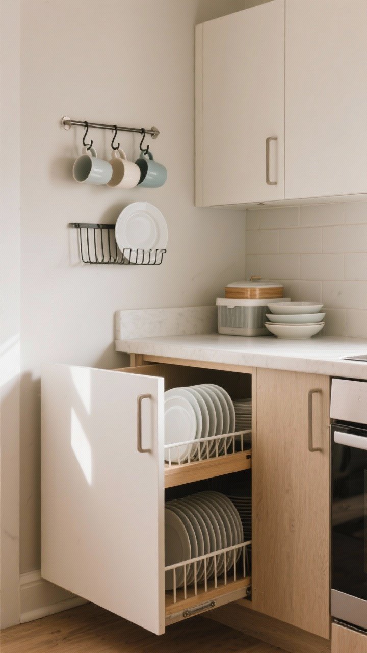 Wide shot of a tiny renter-friendly kitchen storage setup: drawer slightly open with adjustable vertical dividers keeping plate stacks from sliding; cabinet with a shelf riser creating two neat tiers of plates and bowls; deep cabinet with an upright plate rack; wall-mounted rail with S-hooks holding mugs; a few lidded bowls nesting like storage containers on a shelf. Neutral tones, tidy, practical, soft morning light, everything easy to grab.