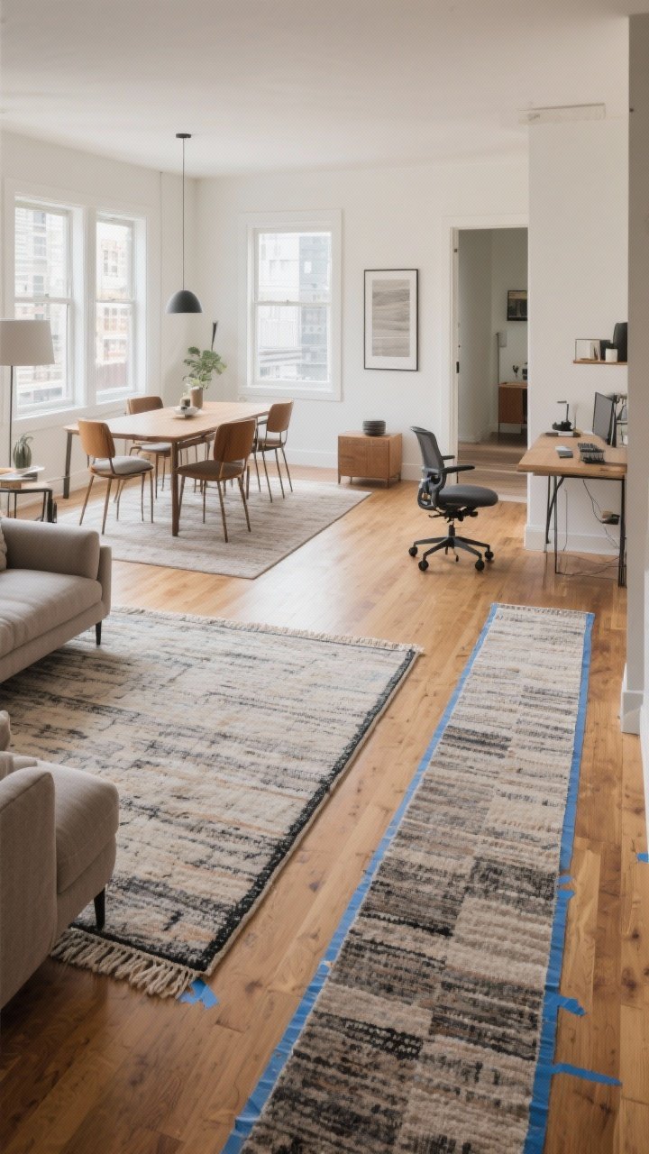 Wide shot of an open-plan apartment mapped into distinct zones using rugs: a living area with a large rug that fits all sofa and chair legs, a dining area rug extending 24–30 inches beyond the table on all sides, a workspace rug fully accommodating a desk and rolling chair, and a slim entry runner announcing arrival without blocking traffic. Include subtle blue painter’s tape marks peeking from floor edges as if used for planning. Natural daylight from large windows, neutral walls, warm wood flooring, cohesive modern decor, clear walkways between zones, no people.