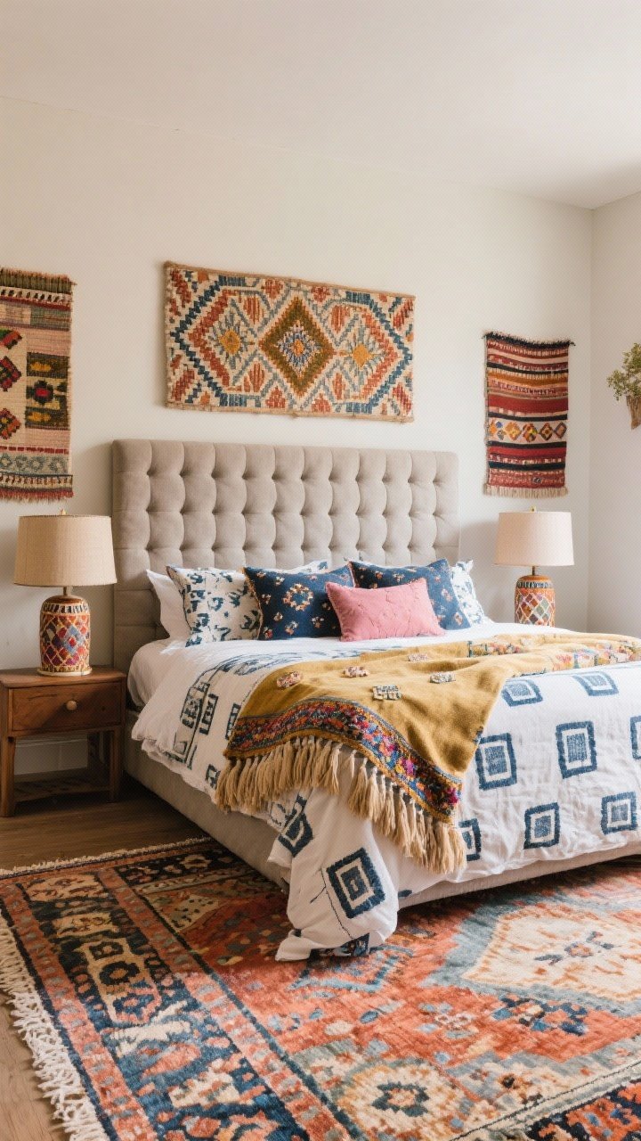 Wide shot: Pattern-party bedroom with neutral walls and layered rugs—a large vintage patterned base topped with a smaller kilim. A muted solid-fabric tufted headboard anchors the bed. Block-print bedding, tasseled throws, and embroidered pillows in a cohesive palette of indigo, paprika, blush, and gold. Textile wall art above the headboard and patterned drum lampshades on bedside lamps. Joyful, collected feel in balanced natural light, photorealistic.