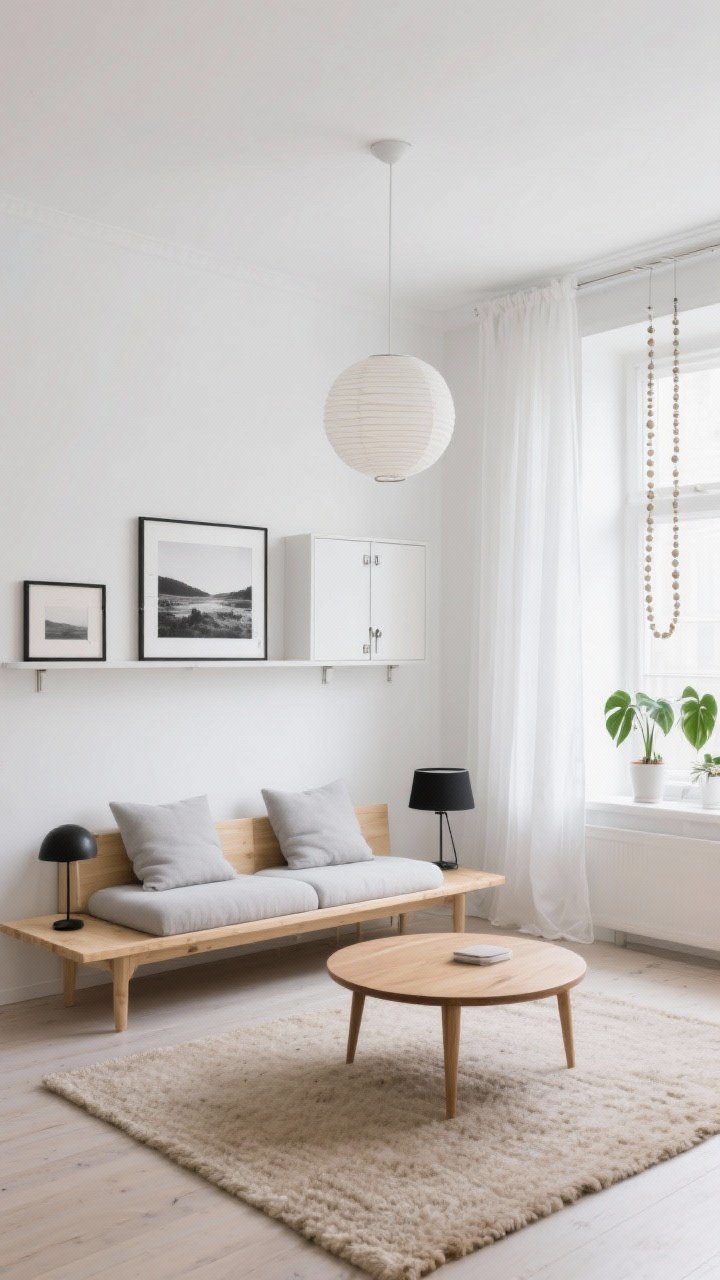 Wide shot, photorealistic: A light-soaked Scandinavian studio with soft white walls and ceiling, sheer white curtains diffusing daylight, a blond-wood platform sofa on tapered legs with cloud-gray cushions, a round oak coffee table on a wool flatweave oatmeal rug. Include tiny hits of matte black on lamp bases and picture frames, a wall-mounted media shelf with push-latch doors, a slim window ledge row of string of pearls and baby rubber plants, a paper lantern pendant overhead, and a framed black-and-white landscape for calm minimal charm.
