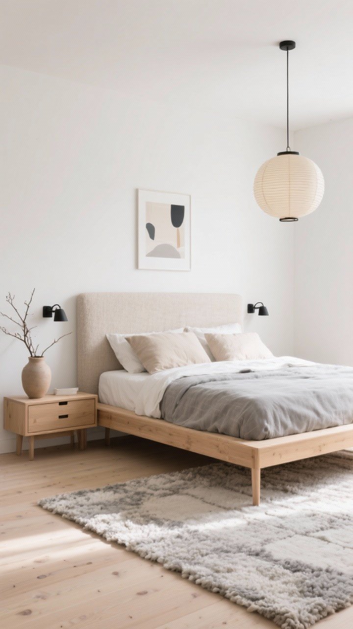 Wide shot, Scandinavian calm bedroom: a low-profile light-oak platform bed on slim legs with custom floating under-bed drawer frames flush to the side rails, soft-close, frameless with finger grooves, no handles; warm white walls, pale birch floors, bedding in linen oatmeal and cloud gray, chunky nubby rug, simple bouclé headboard flanked by matte-black reading sconces; decor includes a ceramic vase with foraged branches, a single abstract print, and a paper lantern pendant; airy, minimalist styling, soft natural morning light; photorealistic