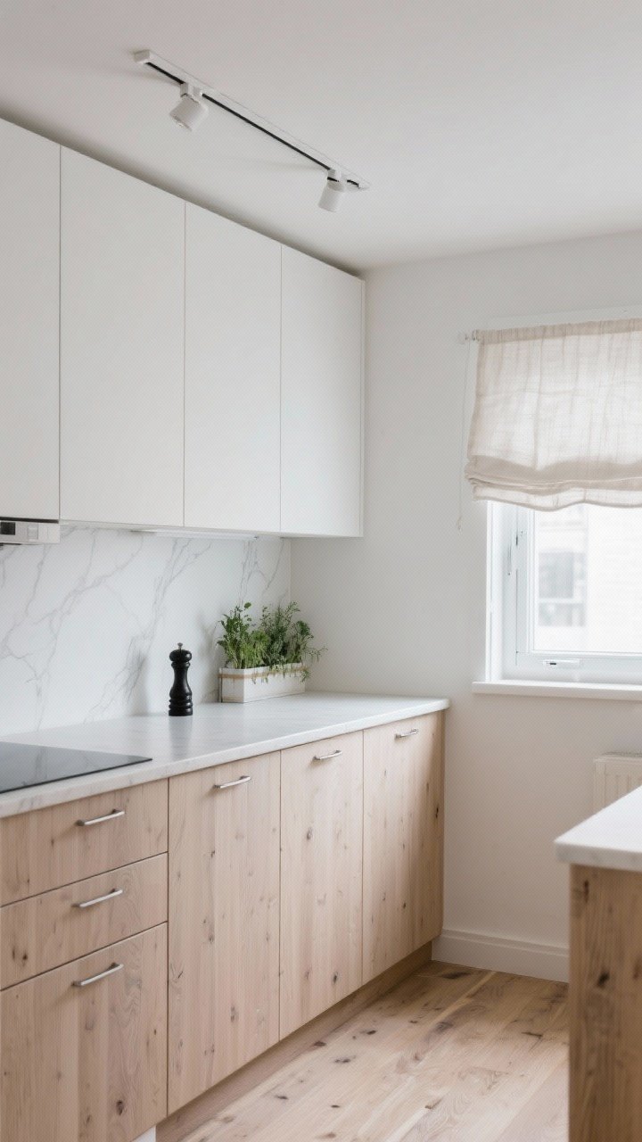 Wide shot, soft daylight: A compact Scandinavian kitchen with flat-front birch lower cabinets and matte white upper cabinets, subtle porcelain worktop with faint veining, push-to-open or brushed nickel hardware, a low-profile white metal track light washing the wall, a single linen café curtain on a small window, pale wood floors, mini herb rail with fresh herbs and a small black pepper mill for contrast; calm, cloudlike, airy atmosphere.