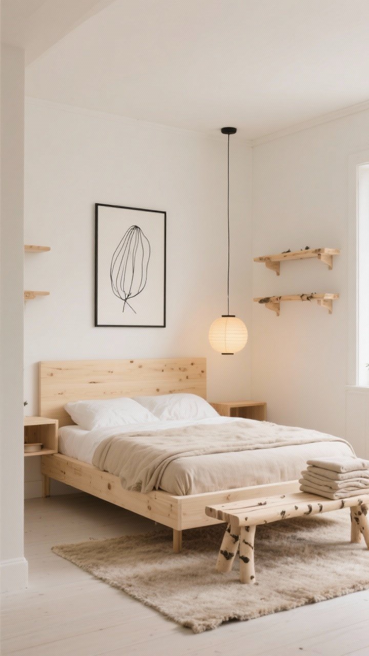 Wide shot, straight-on view of a small Scandinavian bedroom titled “The Warm Birch Retreat”: buttery birch wood dominates with a low-profile birch platform bed and slim-edge headboard, floating birch night shelves, creamy white walls, soft oatmeal textiles, a neutral wool rug peeking around the bed, a single oversized black-and-white line drawing above the bed, a small paper lantern pendant casting warm diffused light, and a stackable birch bench at the foot holding folded linens; uncluttered, calm, photorealistic.