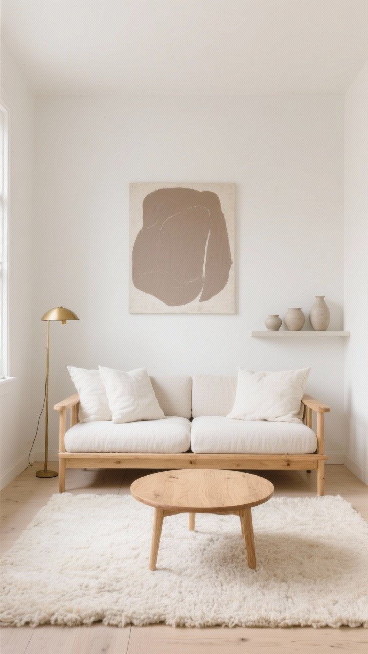 Wide shot, straight-on view of a small Scandinavian living room in warm white walls with soft, even daylight: a low-profile blonde wood sofa with ivory linen cushions, a round oak coffee table centered on a cream wool rug, and a slim brushed brass floor lamp. Include a single oversized abstract artwork in muted taupe above the sofa, and a narrow floating shelf displaying chalky, matte ceramic vessels. Palette: warm white, sand, oat, blonde wood. Photorealistic, calm and airy.