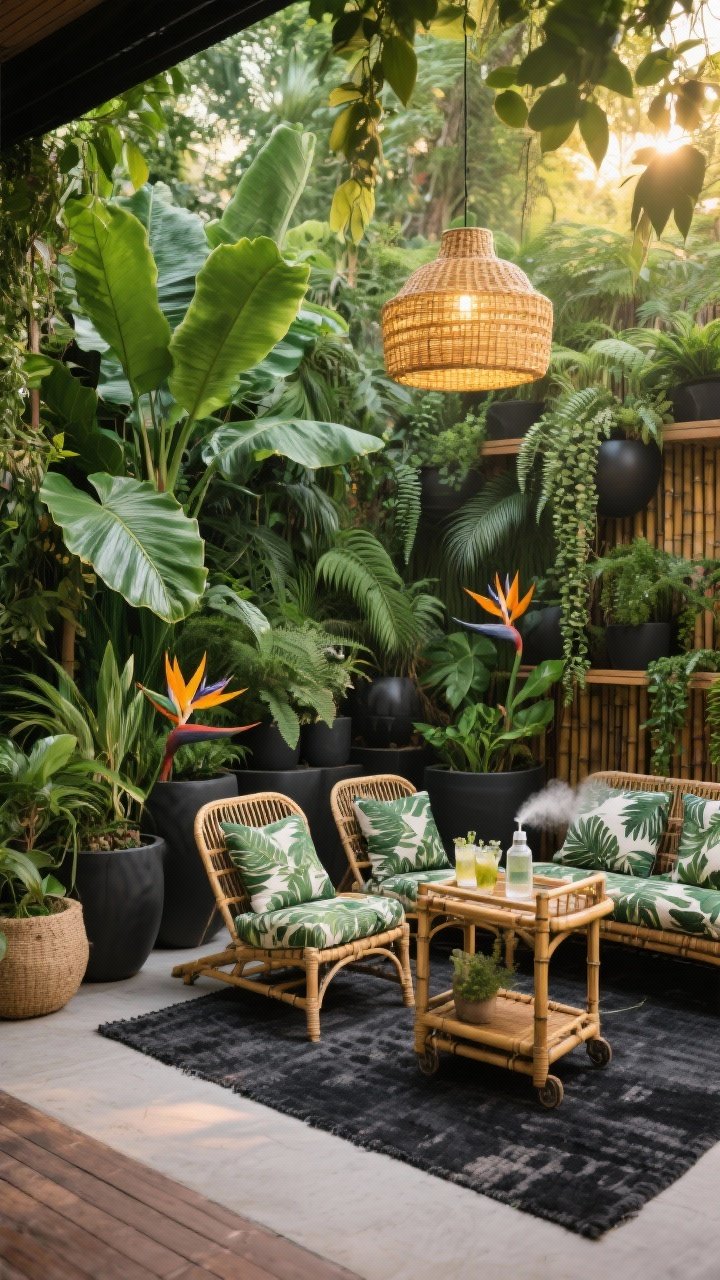 Wide shot, Tropical Jungle Hideaway bursting with greenery in late-afternoon light: perimeter lined with layered planters—monsteras, birds-of-paradise, ferns, trailing pothos at varying heights for a canopy effect; charcoal outdoor rug grounds the space; rattan lounge chairs with deep seats and leafy-print cushions; bamboo bar cart with a misting bottle and iced drinks; woven pendant lamp (plug-in) above casting warm golden light; materials rattan, bamboo, jute, matte black metal planters; colors emerald, lime, charcoal, warm honey tones; slightly elevated corner perspective for lush depth.