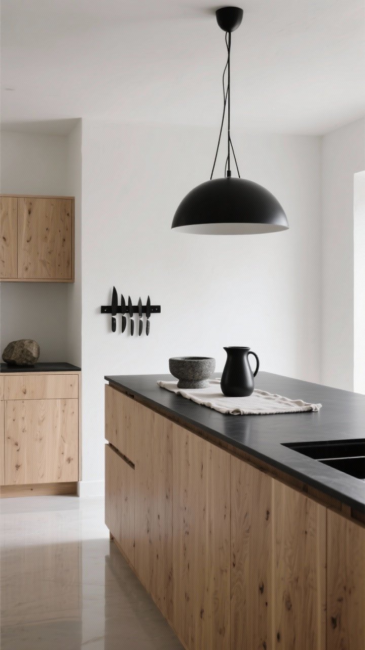 Wide shot with dramatic lighting: Blond oak lower cabinets paired with a matte black countertop, white plastered walls with no uppers for openness, a slim island beneath a sculptural black pendant as a statement, a black magnetic knife strip, minimal accessories—a stone mortar, black ceramic pitcher, and a linen runner—on pale reflective floors; strong black-and-blond contrast, airy via negative space.