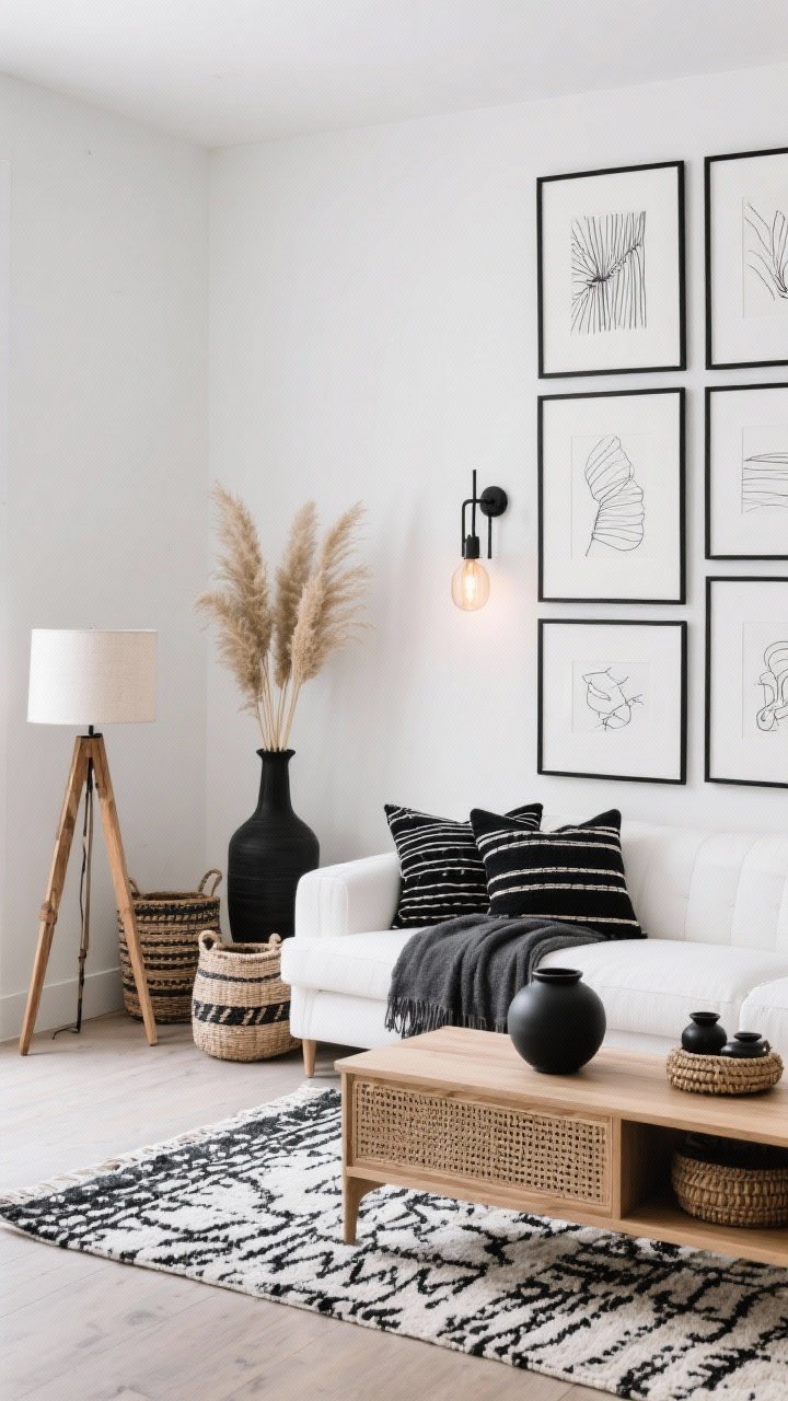 Wide, straight-on Black-And-White Boho With Graphic Edge: crisp white loveseat with black mudcloth pillows and a charcoal throw; black-and-white Berber rug; tripod wood floor lamp adding warmth; tall gallery wall of line art in black frames stretching vertically; woven baskets and matte black ceramics styled on a light oak console; pampas in a tall vase; black metal sconces with warm bulbs; cane media console grounding the scene; palette of black, white, charcoal, light oak; graphic and sleek; no people, photorealistic.