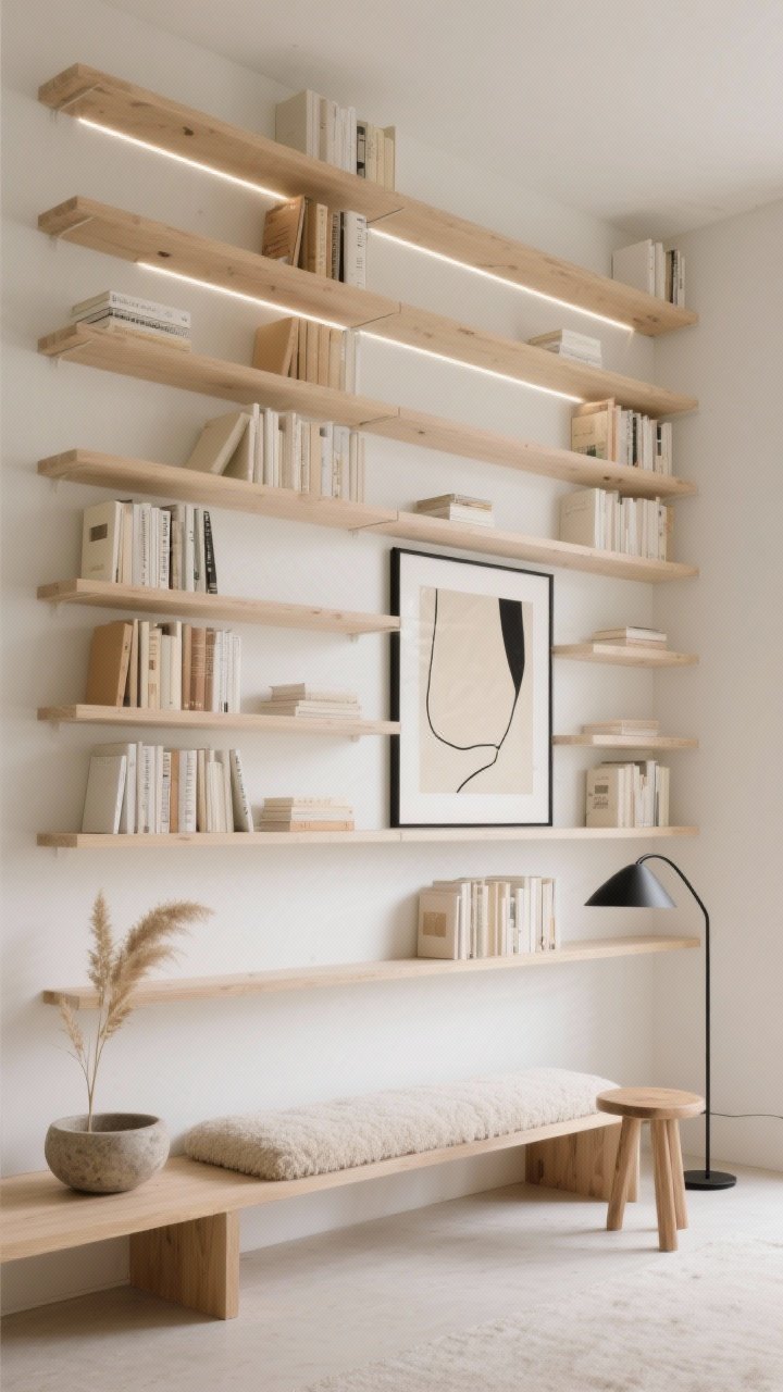 Wide, straight-on photorealistic shot of a minimalist floating-frame wall library: evenly spaced grid of floating shelves from floor to ceiling, books coordinated in neutrals and warm spines. A pale oak light wood bench grounds the wall with a wool/bouclé seat cushion; minimal side stool nearby. A slim black architectural floor lamp arcs overhead; subtle LED strip halos hidden under shelves. Decor: single oversized abstract print, stone bowl, pampas stems. Colors: sand, cream, pale oak, black accents. Serene, gallery-like, clutter-free.