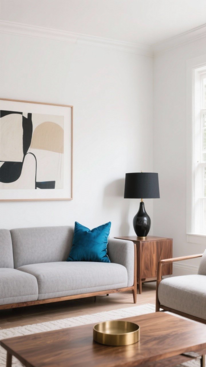 Wide, straight-on room view focused on color harmony: warm white walls, consistent walnut wood tones across furniture, a neutral sofa in soft gray, brushed brass accents, and a single repeated accent color—peacock blue—appearing in a throw pillow, framed abstract art, and a small vase; matte black details on a lamp; balanced, luminous natural light that bounces off the walls to keep the palette quiet with strategic pops.