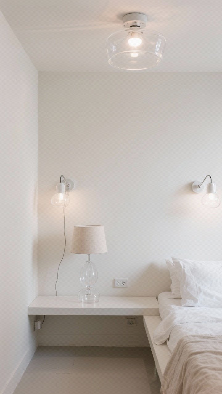 Wide straight-on view — A tiny studio with visually light fixtures: a clear glass semi-flush mount overhead for ambient light, matching plug-in swing-arm sconces flanking a bed to save floor space, a petite acrylic table lamp with a linen shade on a floating shelf; avoid bulky bases and opaque drum shades; transparent and linen elements diffusing light without blocking it; airy, minimal decor, neutral palette, photorealistic daytime scene.