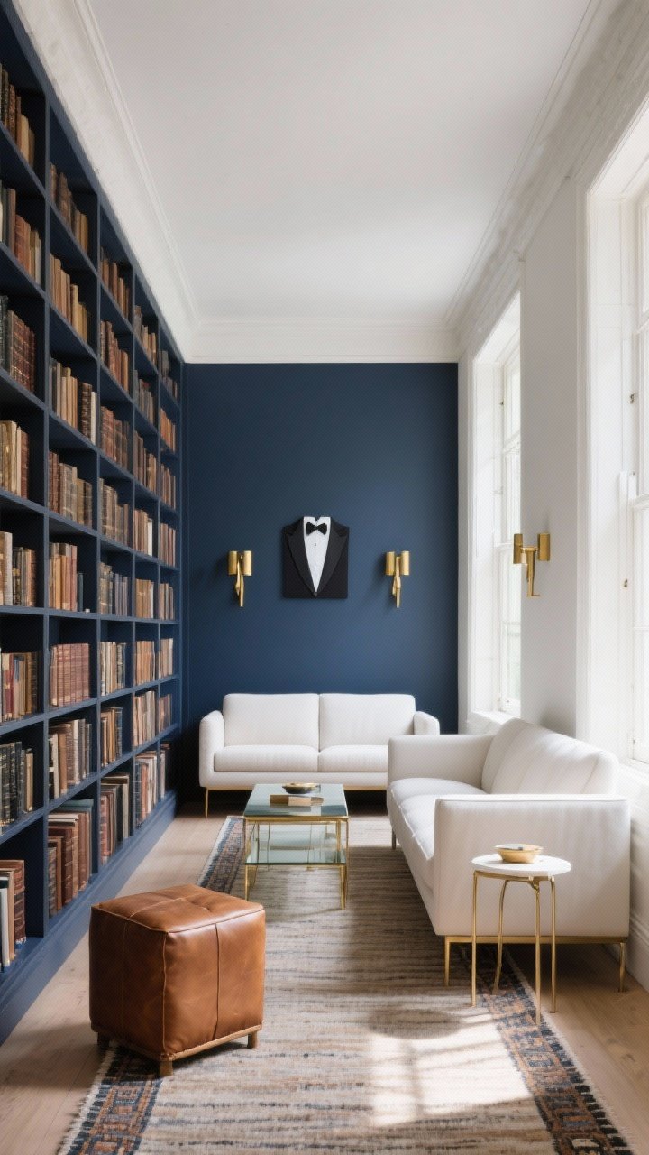 Wide, straight-on view down a long narrow room, photorealistic: Skinny Galley Library-Lounge. Windowless wall lined with floor-to-ceiling bookcases in deep navy with brass library sconces above. Opposite, an ivory slim tuxedo sofa centered, paired with a narrow glass-and-brass coffee table and petite side table; furnishings are light and leggy to let sunlight travel from the windowed side. A runner-style flatweave rug laid lengthwise emphasizes flow. A movable leather ottoman cube sits nearby. Palette: navy, ivory, brass, walnut; bright side-lit natural daylight.