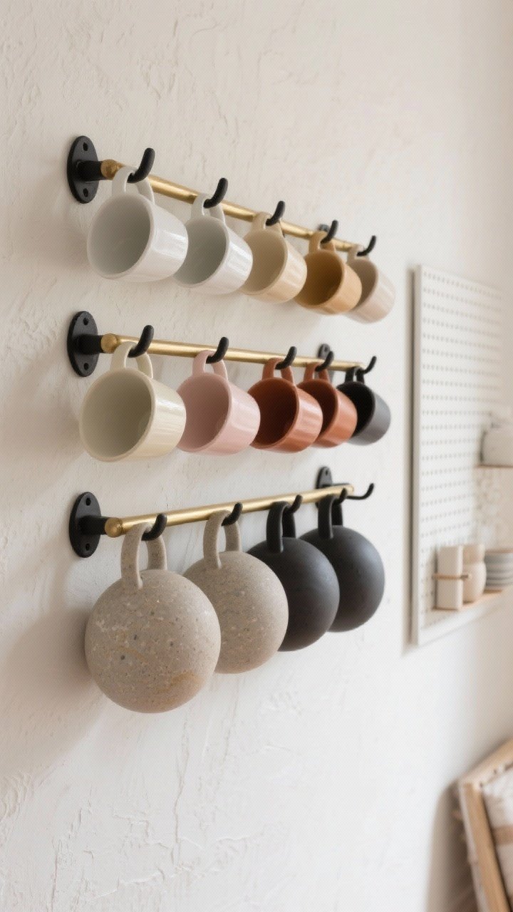 Wide, straight-on view of a dedicated mug wall that doubles as art: matte black sturdy hooks and a brass rail mounted on a light plaster wall, with mugs arranged in a smooth color gradient from white to cream, tan, blush, rust, charcoal, and black; stoneware grouped together, enamel mugs grouped together for texture harmony; heavier, larger stoneware pieces hung lower, lighter enamel higher; a small pegboard panel to the side showing adjustable spacing; even, diffused daylight to make the display feel like a gallery installation, no people, weight distribution visible and tidy.