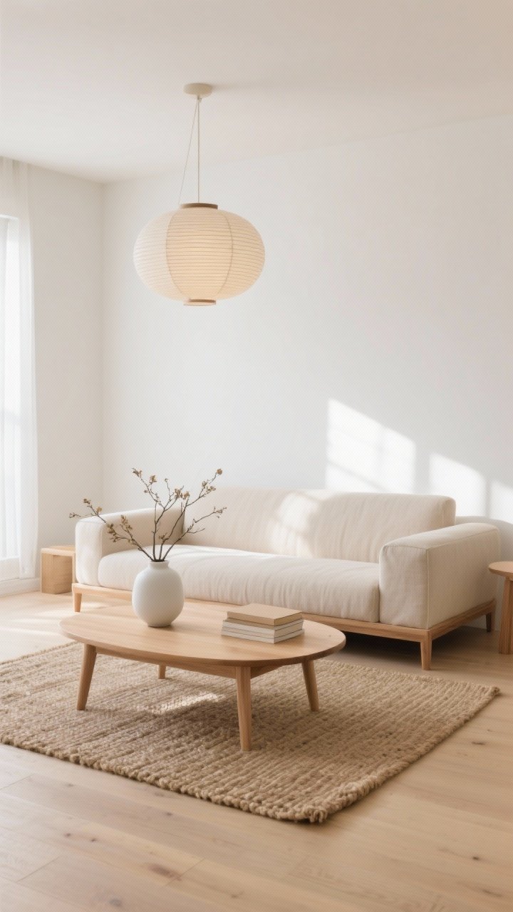 Wide, sunlit living room in Japandi style: a low-profile oatmeal linen sofa with hidden legs faces a light oak coffee table with soft rounded corners; a woven jute rug underfoot, a matte white ceramic vase with a few seasonal branches on the table, and a small stack of neutral books; classic rice paper pendant overhead casting soft diffused glow; palette of oatmeal, pale oak, and soft white; minimal styling, airy negative space, straight-on view, photorealistic.