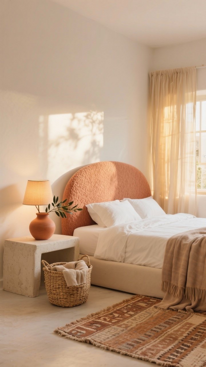 Wide sunlit shot: Warm minimalist Mediterranean bedroom with a palette of sand, terracotta, and creamy beige; curved bouclé headboard, gauzy sheer curtains filtering golden light; terracotta vessel with olive branches on a bedside surface next to a small plaster-look table lamp with a warm bulb; woven seagrass basket on the floor holding spare throws; flat-weave kilim-style rug in muted clay tones; serene, airy, photorealistic.
