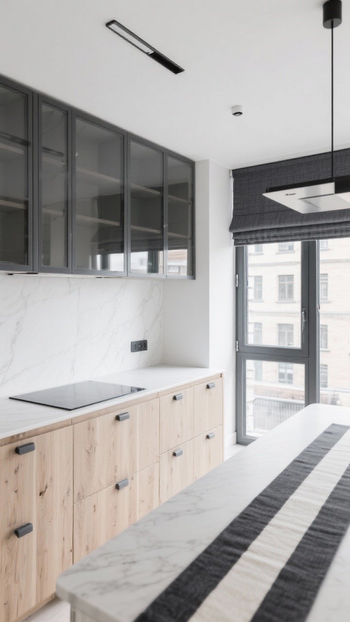 Wide, urban straight-on: White oak slab base cabinets with graphite-framed glass uppers creating depth, pale eggshell quartz countertop, a graphite window frame echoing the cabinet lines, low-profile induction cooktop, slim ceiling-mounted range hood maintaining open sightlines, matte graphite pulls, a charcoal linen roman blind, and a charcoal-and-cream runner; crisp Helsinki high-contrast, modern city feel.