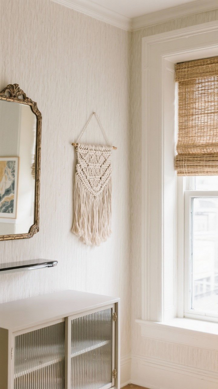 Wide wall-centric shot: A small apartment wall showcasing vertical texture—subtle grasscloth or linen-textured wallpaper in a light neutral, picture frame molding painted the exact wall color for tonal depth; a woven wall hanging and a shallow relief print add dimension; adjacent window dressed in natural-fiber Roman shades (bamboo or linen); a cabinet with reeded glass fronts partially visible; an antiqued mirror panel catches and bounces light, with a small glossy lacquer accent on a floating shelf; bright indirect daylight enhances texture, photorealistic.