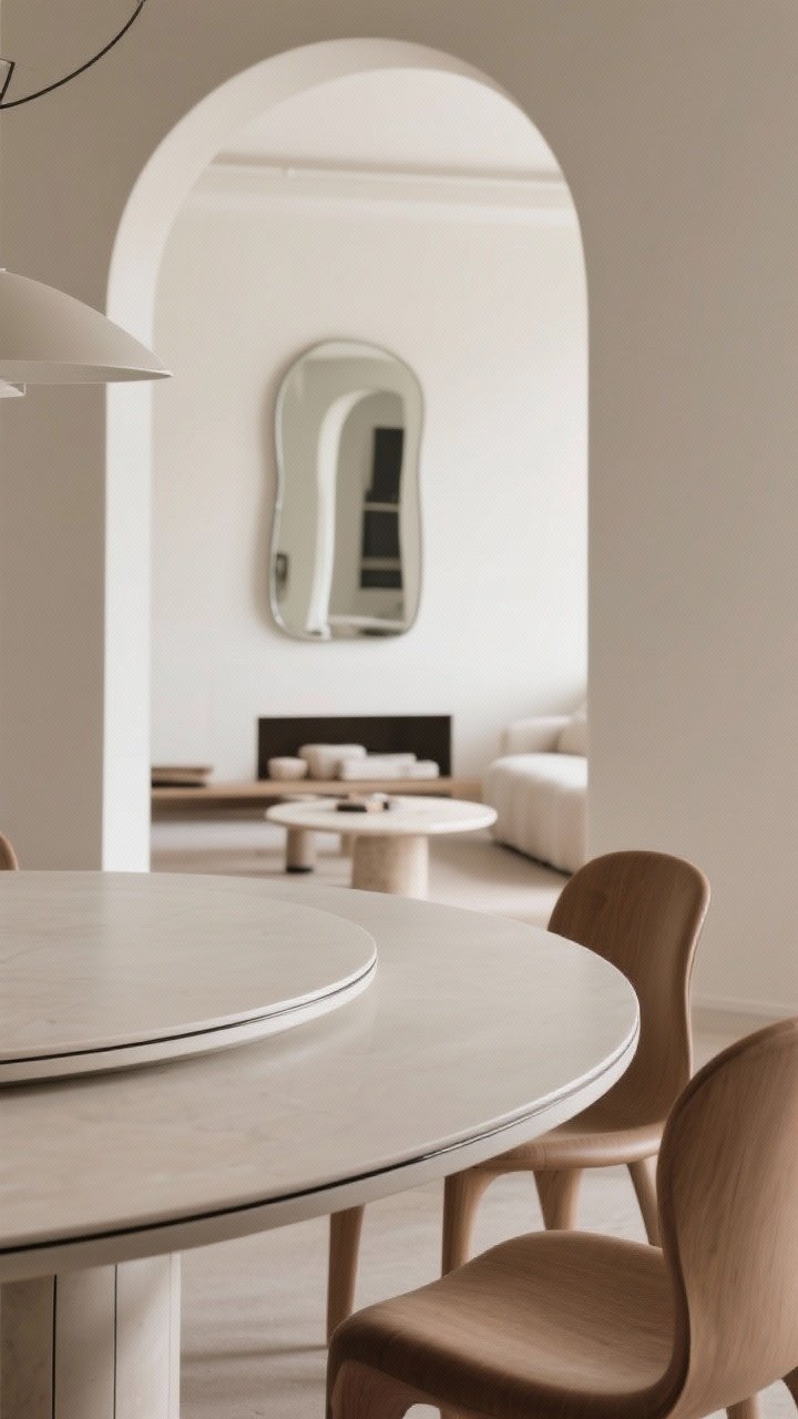 Detail/closeup: A rounded-edge oval dining tabletop with thin beveled edges and gentle radiuses, paired with curved-back chairs; background shows an arched mirror adding height without bulk. The scene avoids sharp corners; a round coffee table is glimpsed beyond, aiding flow. Emphasis on how curves soften lines; lighting is even and natural to make edges appear lighter; no chunky scallops, photorealistic.