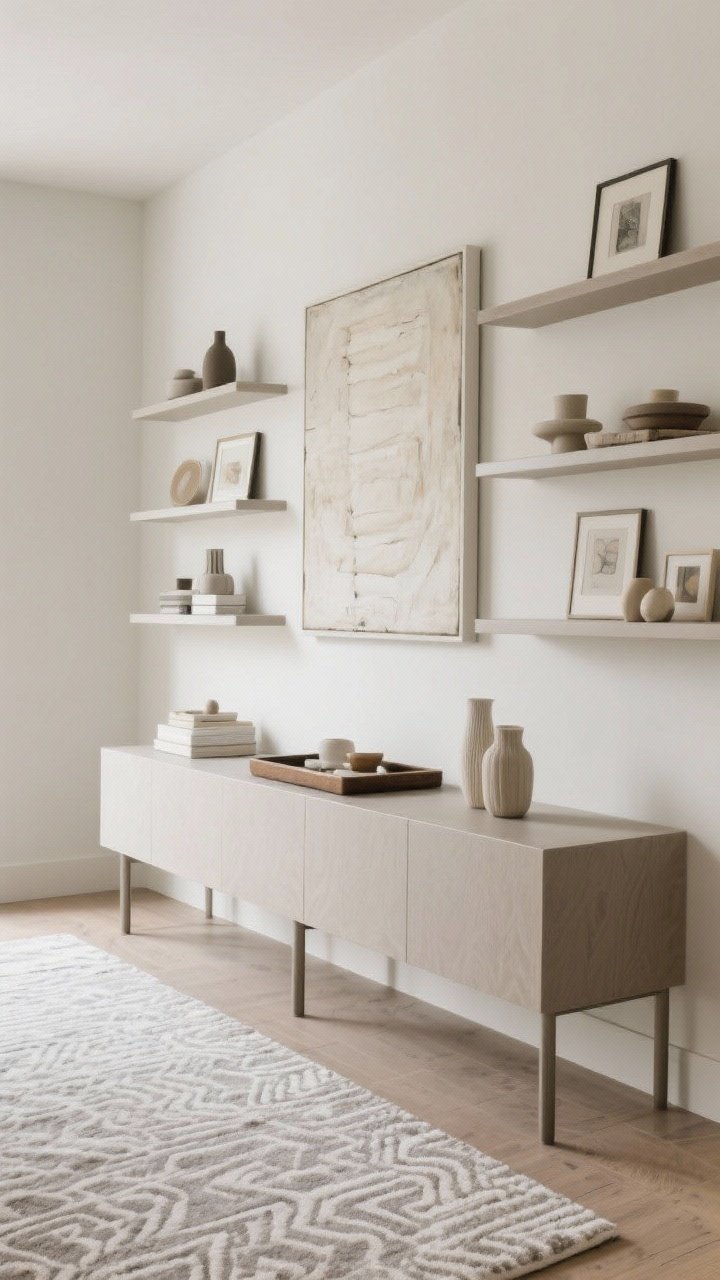 Medium/detail shot: Styled shelving and console vignette with intentional minimalism—odd-number groupings (sets of 3 and 5) with generous negative space, one large-scale art piece above the console instead of a gallery wall, and a tray corralling smaller objects so they read as one. On the floor, a larger low-contrast rug in a subtle pattern unifies the furniture. Soft, balanced lighting, clutter-free, photorealistic.