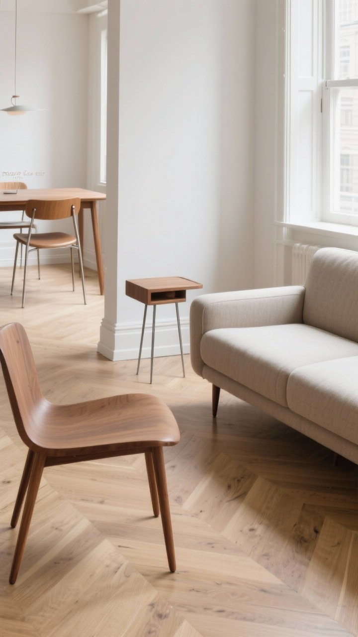 Medium shot: A small living room corner with a mid-century sofa on tapered walnut legs and a matching armchair on slim metal legs, a slim-frame dining table visible in the background with an open base, and a leggy nightstand used as a side table. Floors are light oak; sofa and chair legs are stained to match the floor for camouflage. The sofa sits low (seat height around 17 inches) with a low-profile silhouette. Natural daylight, clean sightlines under all pieces to show exposed legs, neutral palette emphasizing “more floor, more air,” photorealistic.