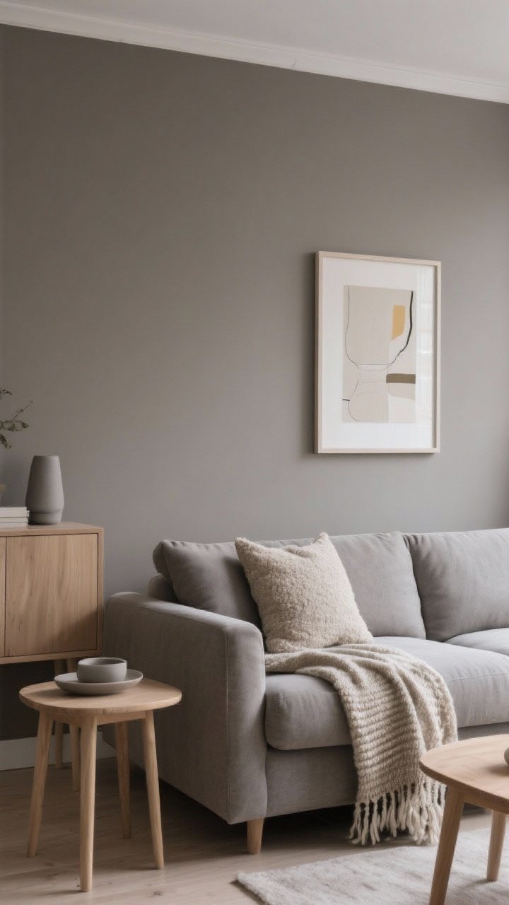 Medium shot: Tone-on-tone living room with warm gray walls and a greige sofa blending into the backdrop, light oak side tables and cabinet, and monochrome accessories in 2–3 shades of the base color (soft gray pillows, beige throw). Textures highlighted: bouclé pillow, linen upholstery, woven wool throw for depth without contrast. One controlled pop of color in a single art piece above the sofa. Soft diffuse daylight, cohesive, calm mood, photorealistic.