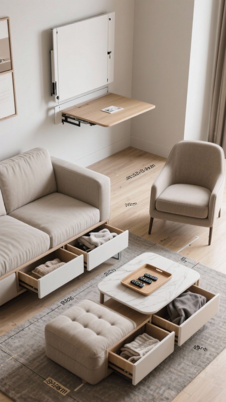 Overhead shot: Compact living area layout showing nesting tables partially pulled out beside a storage ottoman used as a coffee table with a tray on top (remotes and throws inside). A wall-mounted fold-down desk closed flush against the wall; a slim-profile sofa (about 32–34 inches deep) with a tight back. Floor tape marks or spacing shows 30–36 inches for the main walkway and 18 inches between sofa and table; an armchair around 28–30 inches wide. Clean, practical, photorealistic.