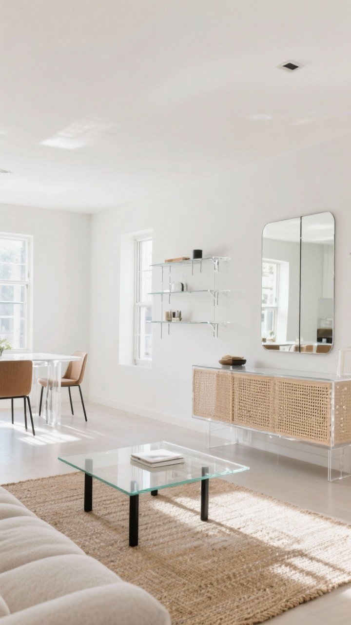 Wide shot: Airy modern living-dining space featuring a clear acrylic coffee table over a subtle jute rug, a glass dining table with slender black metal legs, and a cane-front console that softens bulk along one wall. Include a mirror-front cabinet panel reflecting daylight from a window, with thin profiles on all transparent/acrylic edges. Materials mix: acrylic, glass, cane, perforated metal accents on a shelf. Soft, bright natural light, minimal shadows, no heavy solids, photorealistic.